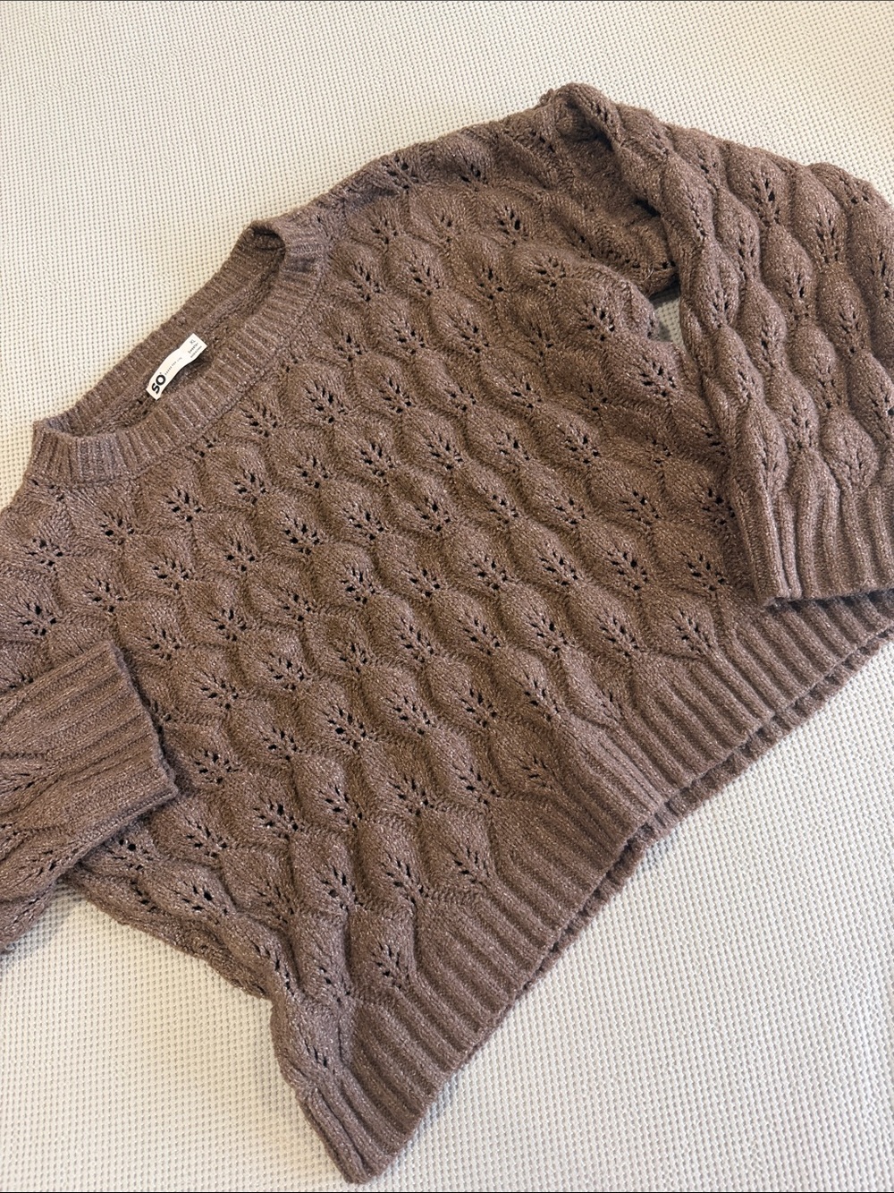 SO Taupe Brown Openwork Crew Neck Sweater